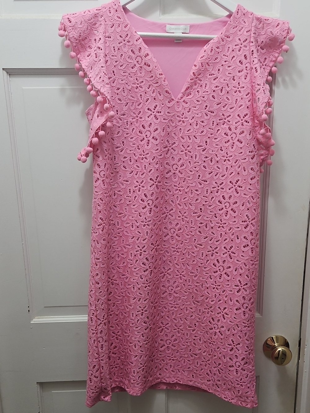 Charter Club Pink Eyelet Shift Dress with Pom Sleeve Trim